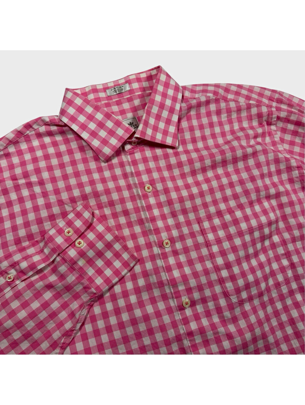 Peter Millar Mens Classic Fit Cotton Pink Gingham Spread Collar Dress Shirt XL